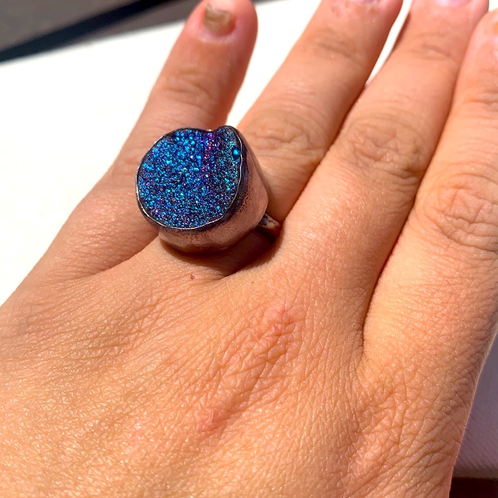 Druzy Iridescent 925 Silver Statement Ring - image 5